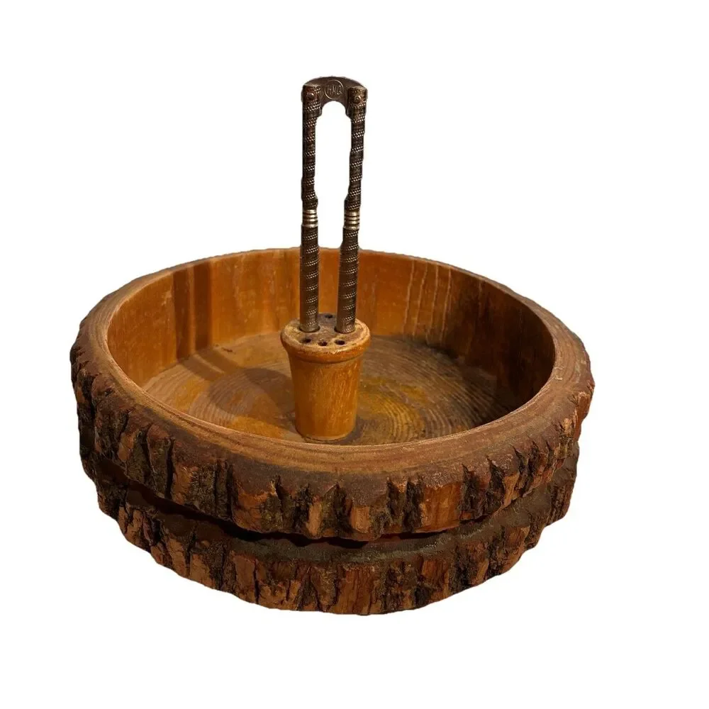 Vintage Live Edge Wood Nut Bowl With Metal Cracker With Built In Tool Holder 9”